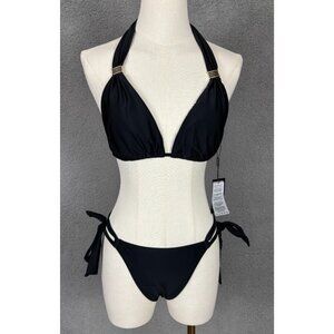 RELLECIGA Women's Triangle Bikini 2 Piece Push up High Cut Thong Black Large NWT